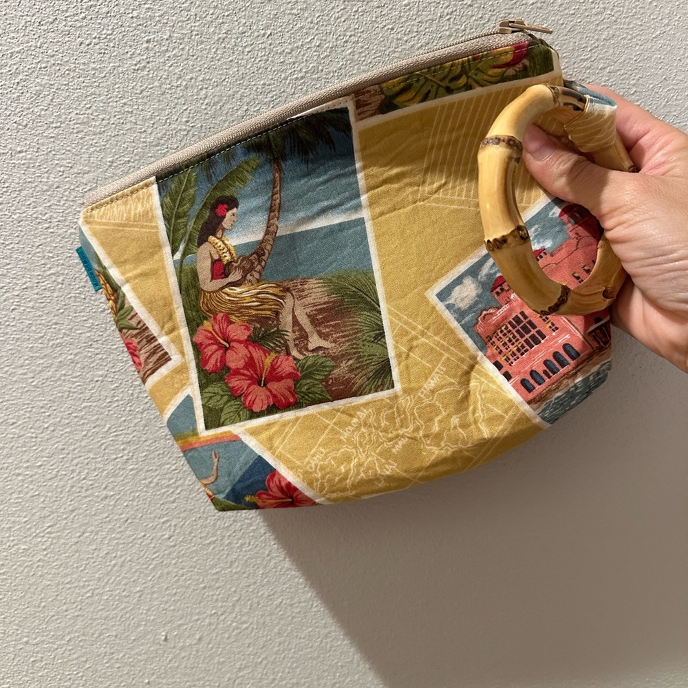 Tropical Print Handbag with Bamboo Handle